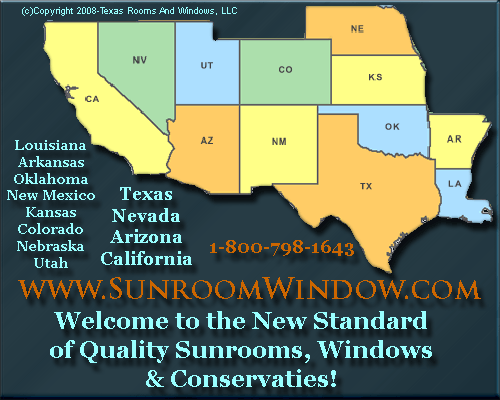 Sunroom Window Company Service areas in New Mexico, Texas, Nevada, Arizona, California, Louisinan, Arkansas, Oklahoma, Kansas, Nebraska, Utah. Map Image Sun Rooms.